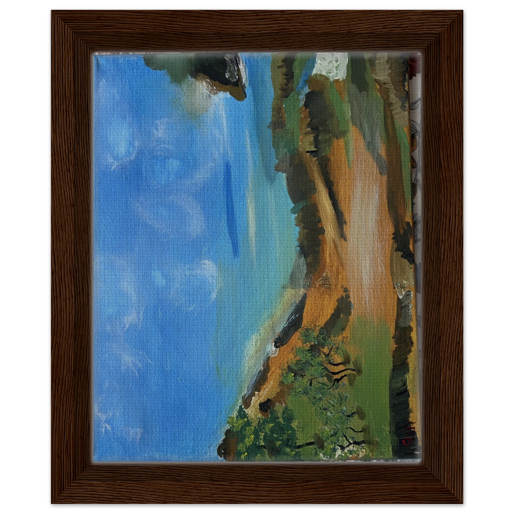 Painting of a landscape with blue sky, green trees, and brown earth.