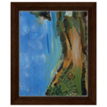 Painting of a landscape with blue sky, green trees, and brown earth.