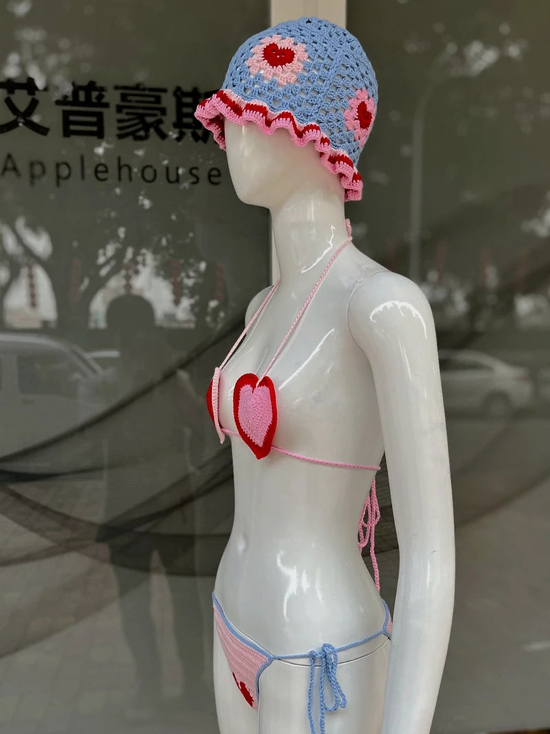 Red Love Heart Crochet Threaded Bikini Set With bucket Hats Handmade Swinwear Bathing Suit Sexy Fashion Swimsuit Vacation Wear - Sun Studio