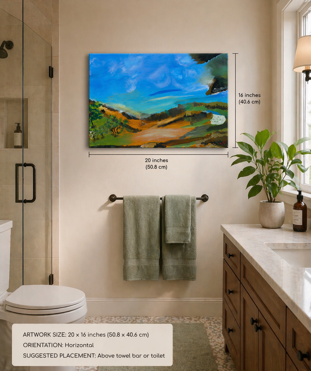 Bathroom interior with a painting above a towel rack, dimensions indicated.