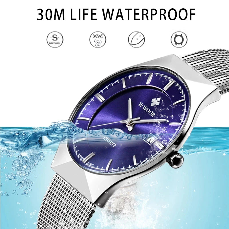 WWOOR Mens Watches Ultra-thin Quartz Auto Date WristWatch Men Top Brand Luxury Stainless Steel Business Waterproof Reloj Hombre - Sun Studio