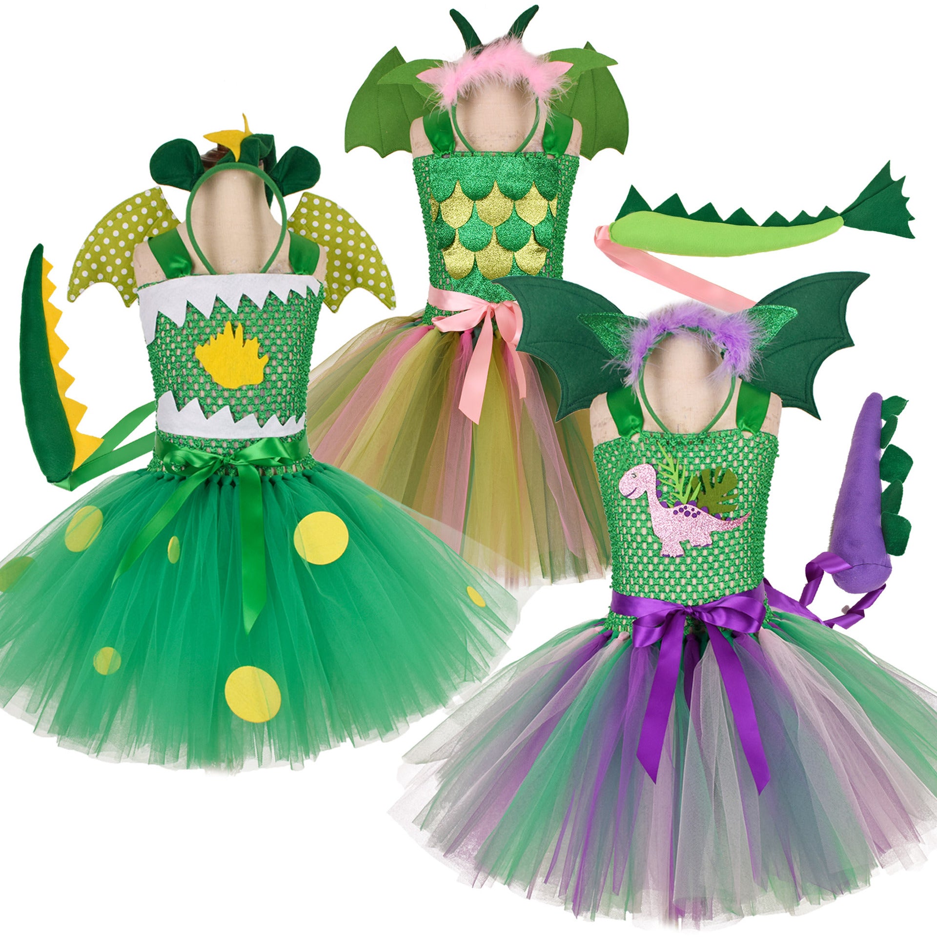Green Kids Girls Dinosaur Cosplay Dresses Birthday Party Tutu Dresses for Baby Cartoon Princess Girls Costumes Set for Halloween - Sun Studio