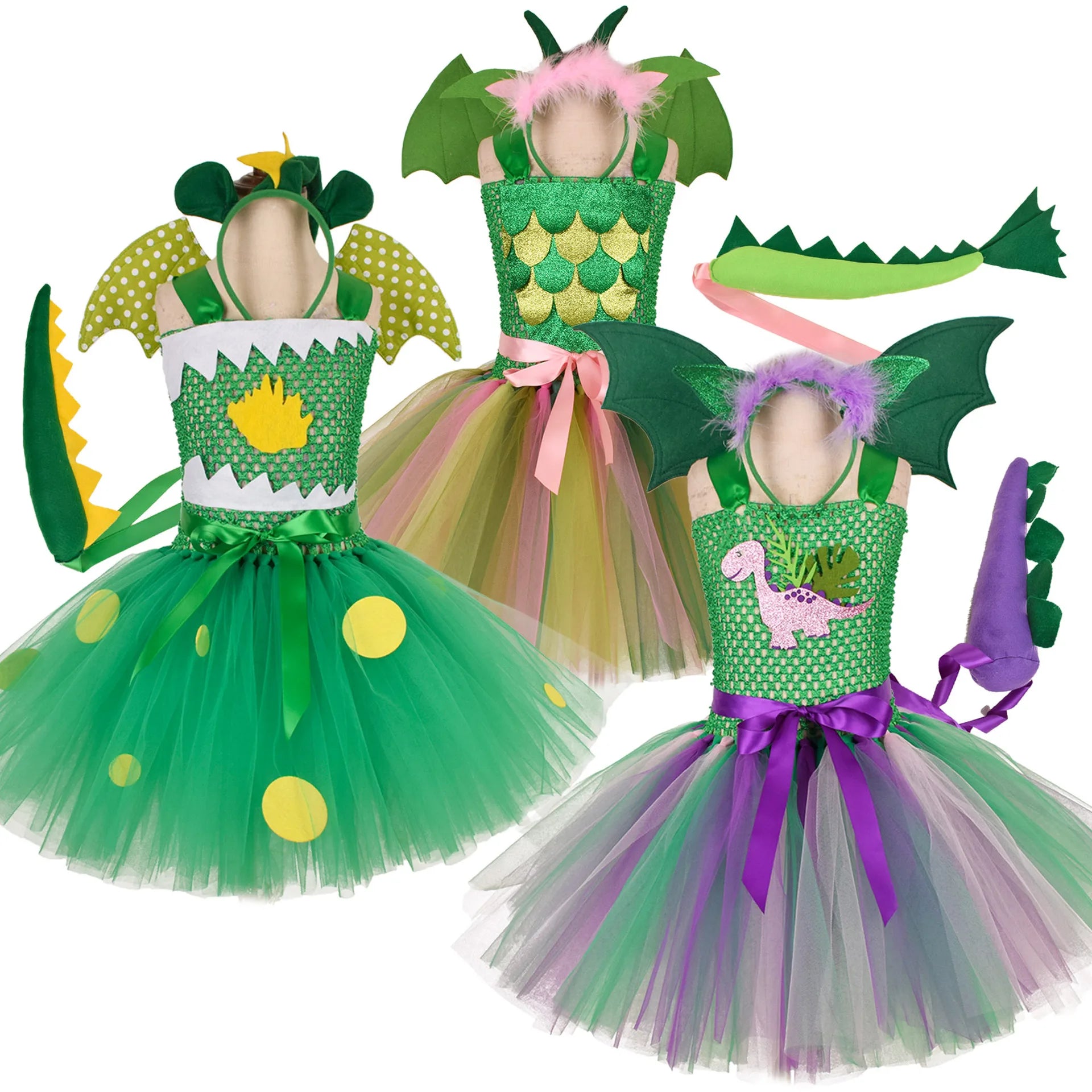 Green Kids Girls Dinosaur Cosplay Dresses Birthday Party Tutu Dresses for Baby Cartoon Princess Girls Costumes Set for Halloween - Sun Studio