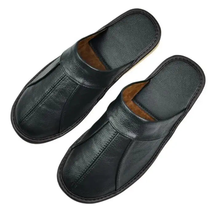 Men's Luxury Cow Split Leather Handmade Men Home Slippers Spring Slip on Soft Comfortable Black Brown Bedroom Indoor Flat Shoes - Sun Studio