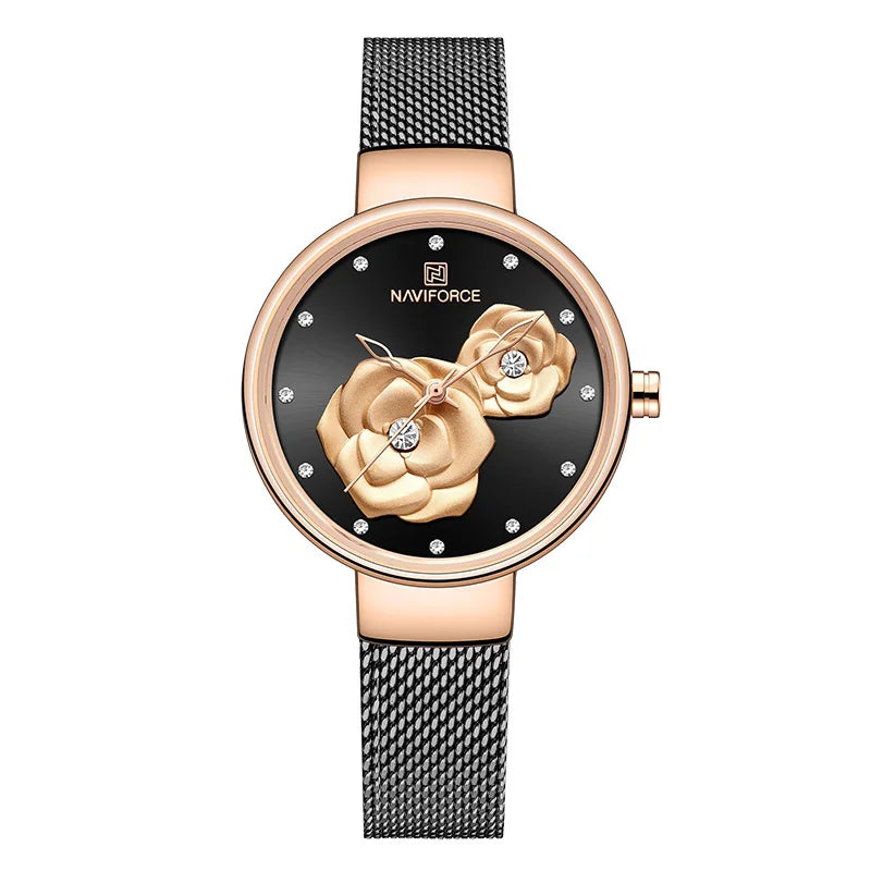 Women Watch NAVIFORCE Top Luxury Brand Steel Mesh Waterproof Ladies Watches Flower Quartz Female Wristwatch Charming Girl Clock - Sun Studio