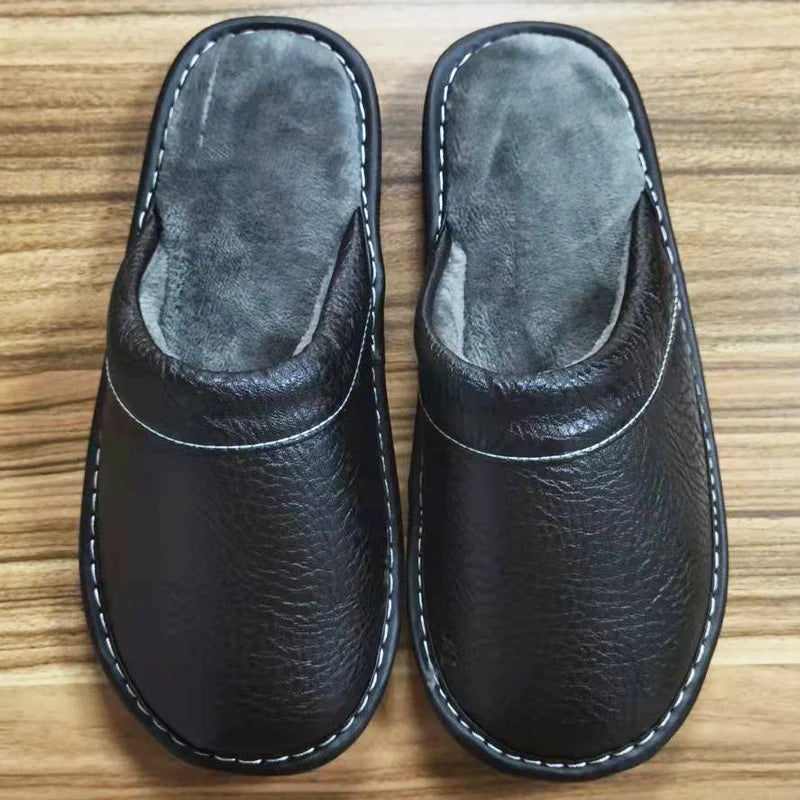 Classic PU Leather Slippers Male Indoor Unisex Shoes Men 2021 Fashion Man Leather Shoes Home Slippers Waterproof Man House Shoes - Sun Studio