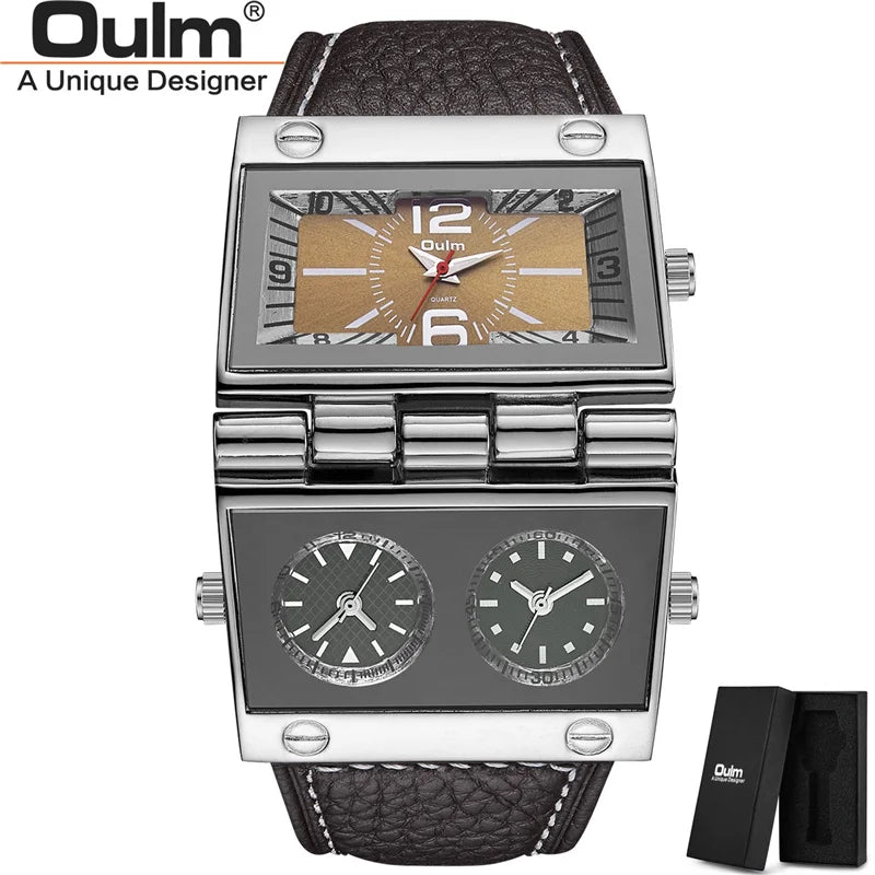 OULM 9525 Big Unique Design Male Watch Three Time Zone Unique Men's Military Watches Punk Style Leather Strap Wristwatch - Sun Studio