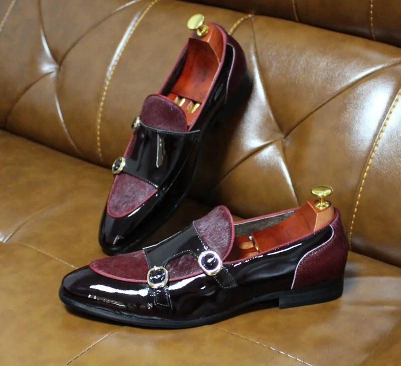 FELIX CHU Men's Patent Leather Monk Strap Dress Shoes Wedding Loafers Horse Hair Detail Casual Formal Party Gentlemen Footwear - Sun Studio