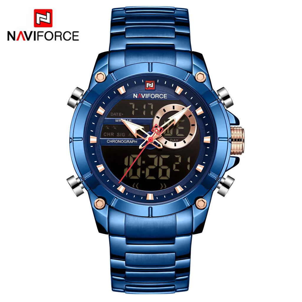 Luxury Brand NAVIFORCE Sport Watches For Men Fashion Gold Quartz WristWatch Steel Band Digital Chronograph Waterproof Clock 9163 - Sun Studio