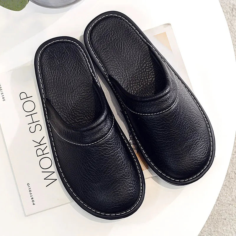 Classic PU Leather Slippers Male Indoor Unisex Shoes Men 2021 Fashion Man Leather Shoes Home Slippers Waterproof Man House Shoes - Sun Studio