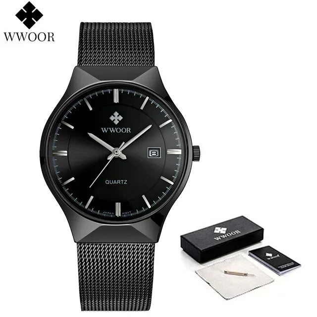 WWOOR Mens Watches Ultra-thin Quartz Auto Date WristWatch Men Top Brand Luxury Stainless Steel Business Waterproof Reloj Hombre - Sun Studio