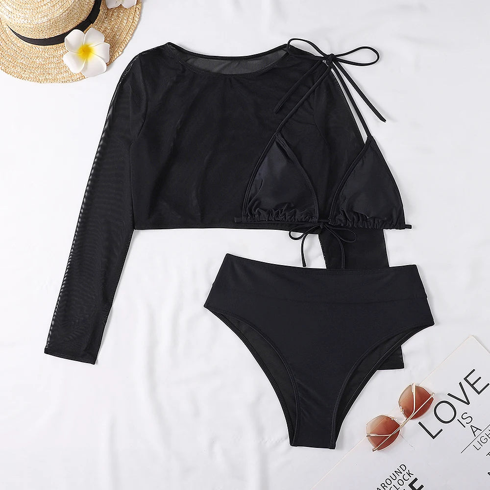 2024 Neon Yellow Crop Top Swimwear Women Summer Sexy Beachwear Mesh Long Sleeve Cover Ups Top Three Piece Swimsuit Bikini Set - Sun Studio