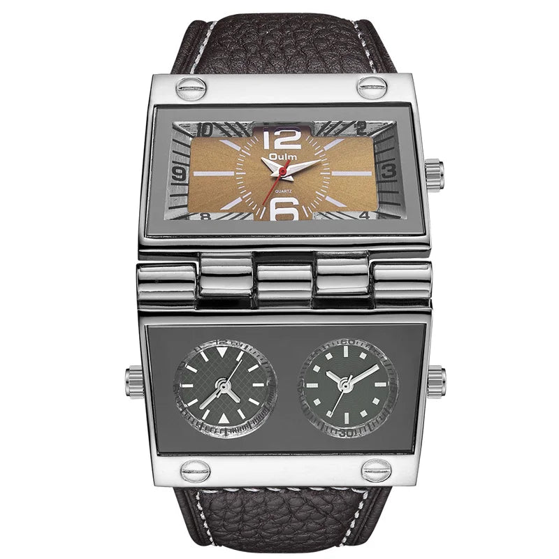 OULM 9525 Big Unique Design Male Watch Three Time Zone Unique Men's Military Watches Punk Style Leather Strap Wristwatch - Sun Studio
