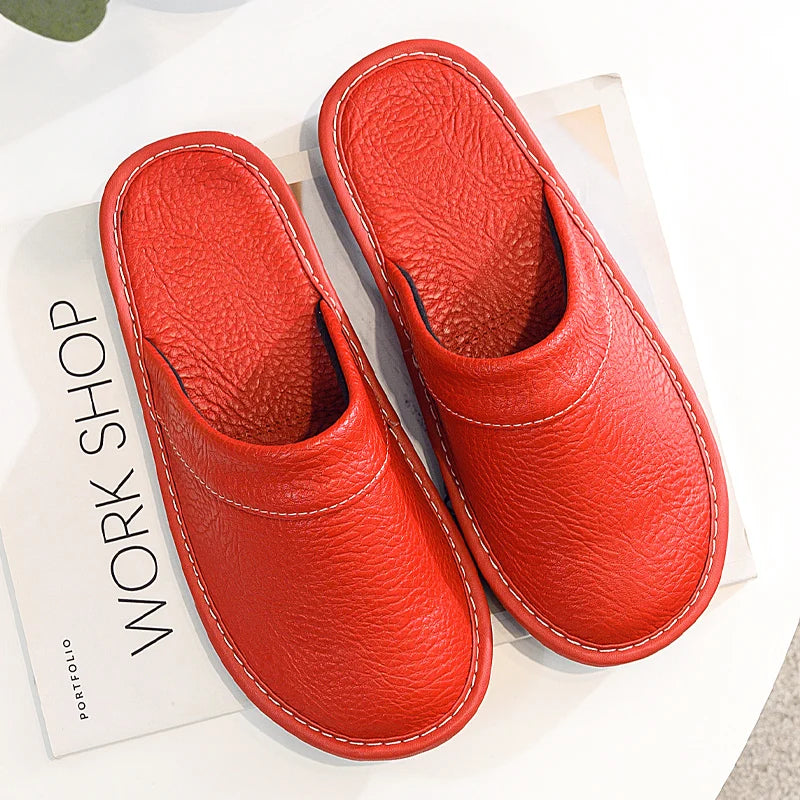 Classic PU Leather Slippers Male Indoor Unisex Shoes Men 2021 Fashion Man Leather Shoes Home Slippers Waterproof Man House Shoes - Sun Studio