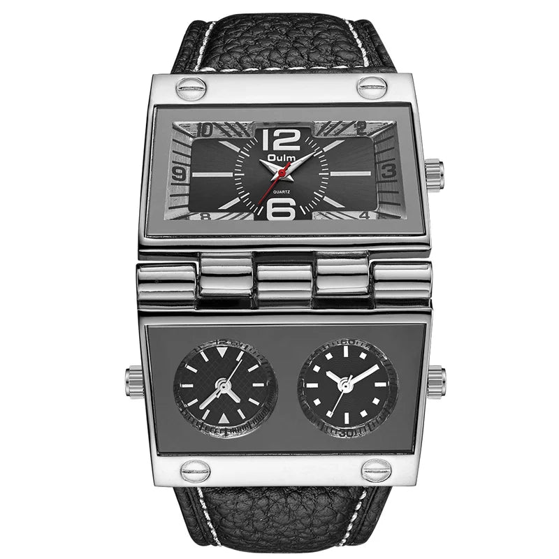 OULM 9525 Big Unique Design Male Watch Three Time Zone Unique Men's Military Watches Punk Style Leather Strap Wristwatch - Sun Studio