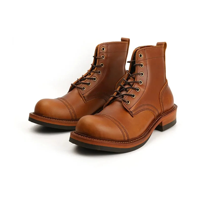 New Japanese Vintage Designer Handmade Tooling Men Casual Shoes Cow Leather Round Toe Wings Ankle Boots Motorcycle Boots Winter - Sun Studio