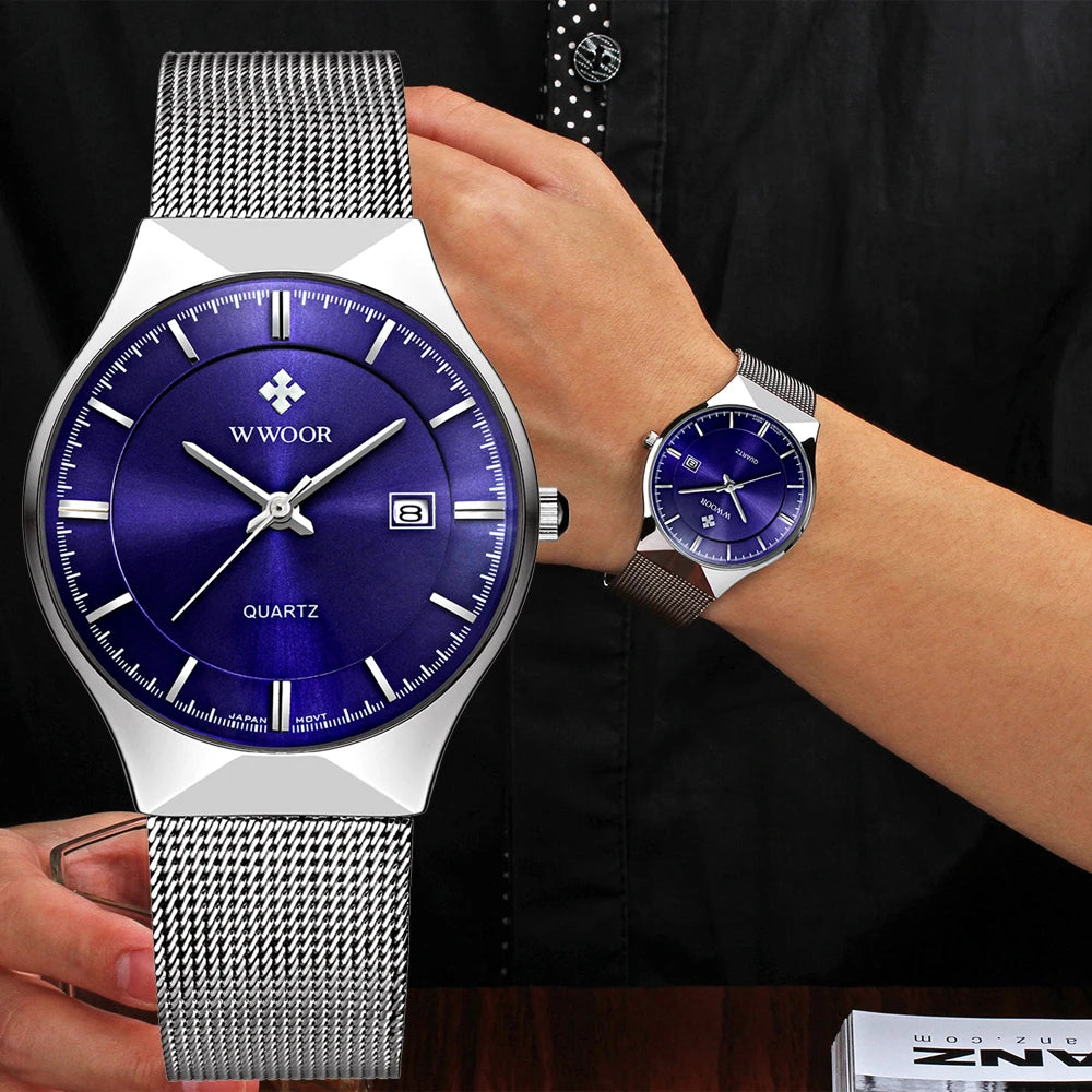 WWOOR Mens Watches Ultra-thin Quartz Auto Date WristWatch Men Top Brand Luxury Stainless Steel Business Waterproof Reloj Hombre - Sun Studio