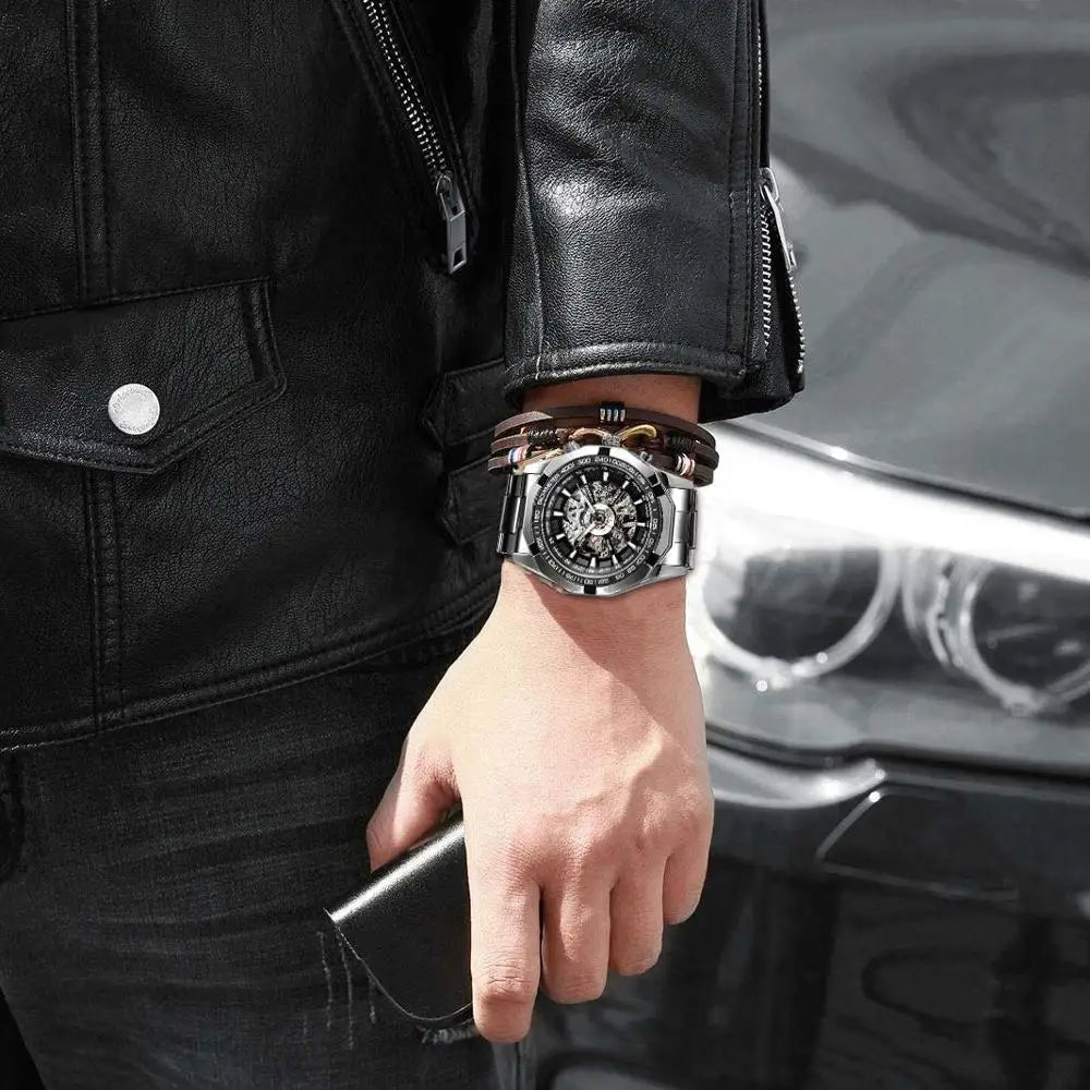 Forsining 2021 Stainless Steel Waterproof Mens Skeleton Watches Top Brand Luxury Transparent Mechanical Sport Male Wrist Watches - Sun Studio