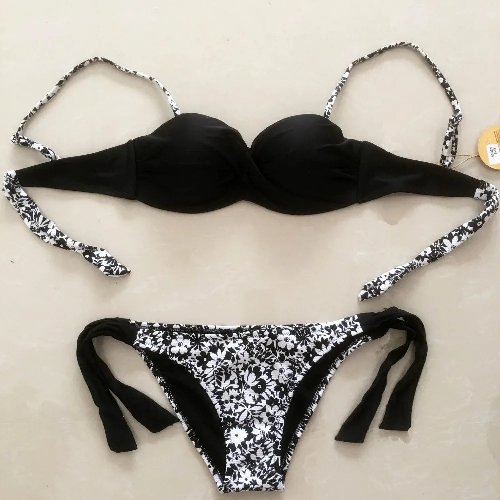 Bikini Solid Strappy Bandage Bikinis Set White Push Up Bikini Swimwear Bandeau Brazilian Swimsuit Bathing Suit Maillot De Bain - Sun Studio