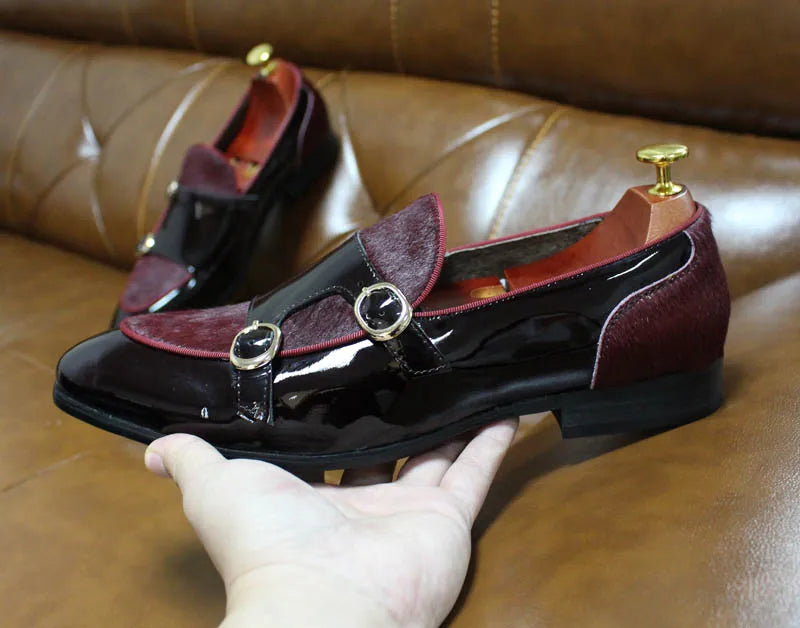 FELIX CHU Men's Patent Leather Monk Strap Dress Shoes Wedding Loafers Horse Hair Detail Casual Formal Party Gentlemen Footwear - Sun Studio