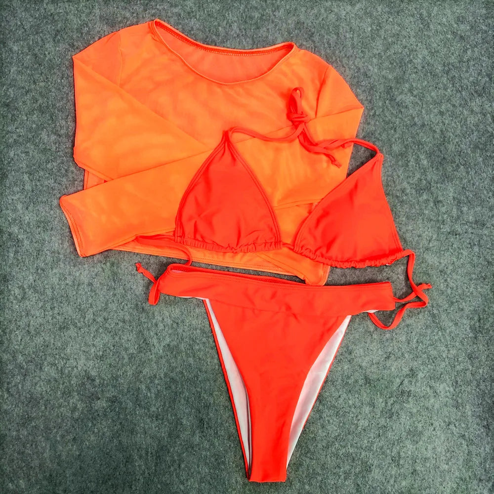 2024 Neon Yellow Crop Top Swimwear Women Summer Sexy Beachwear Mesh Long Sleeve Cover Ups Top Three Piece Swimsuit Bikini Set - Sun Studio