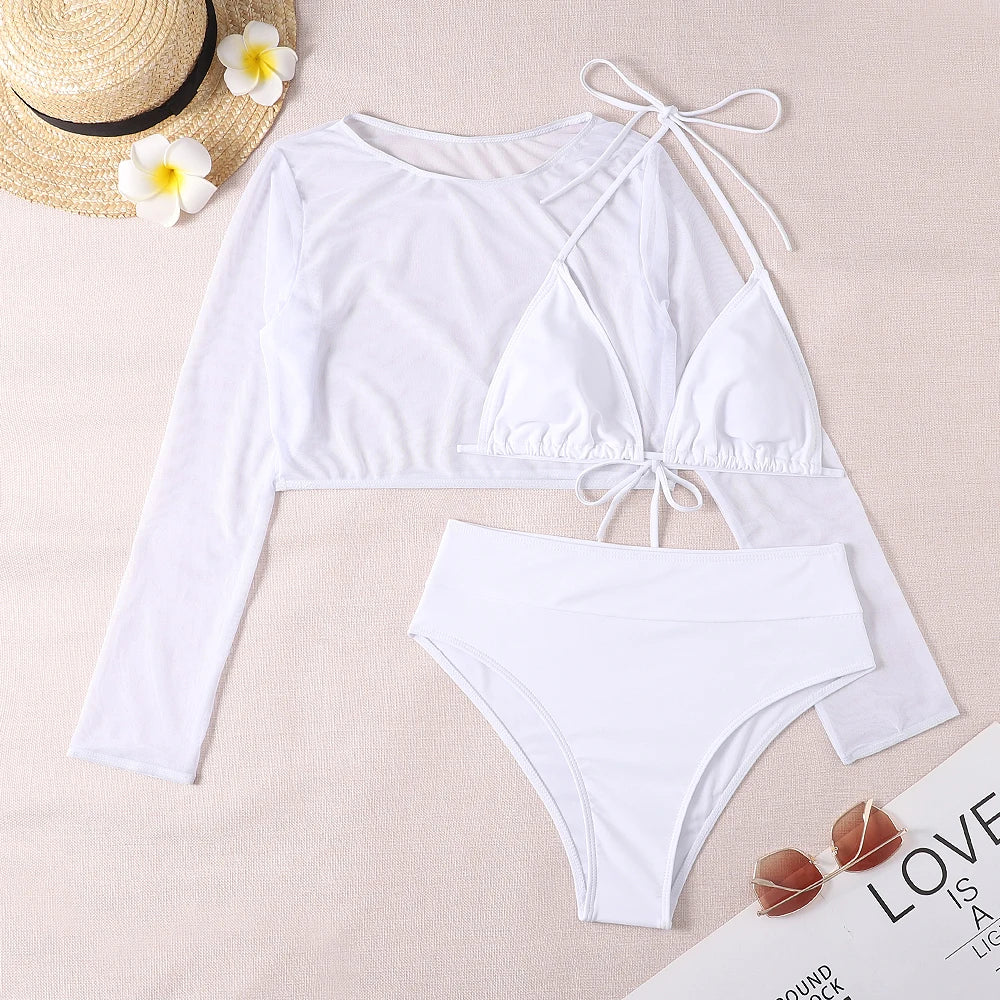2024 Neon Yellow Crop Top Swimwear Women Summer Sexy Beachwear Mesh Long Sleeve Cover Ups Top Three Piece Swimsuit Bikini Set - Sun Studio