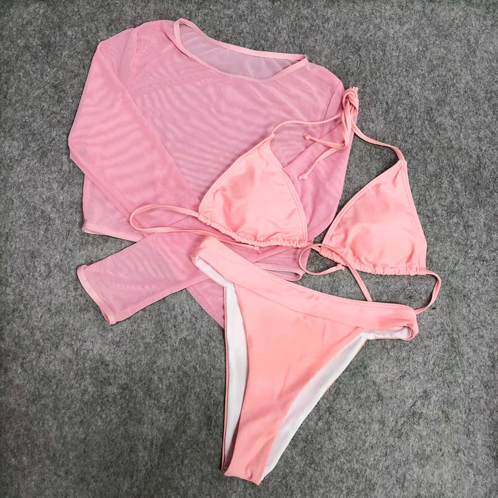 2024 Neon Yellow Crop Top Swimwear Women Summer Sexy Beachwear Mesh Long Sleeve Cover Ups Top Three Piece Swimsuit Bikini Set - Sun Studio