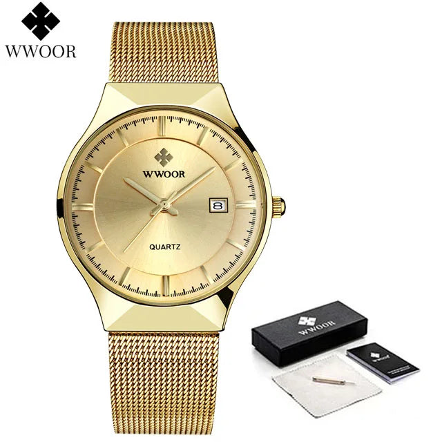 WWOOR Mens Watches Ultra-thin Quartz Auto Date WristWatch Men Top Brand Luxury Stainless Steel Business Waterproof Reloj Hombre