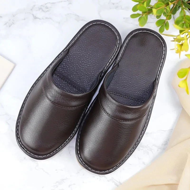 Classic PU Leather Slippers Male Indoor Unisex Shoes Men 2021 Fashion Man Leather Shoes Home Slippers Waterproof Man House Shoes - Sun Studio