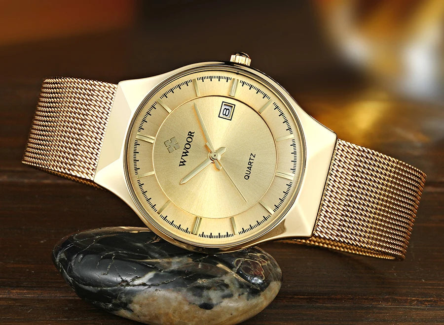 WWOOR Mens Watches Ultra-thin Quartz Auto Date WristWatch Men Top Brand Luxury Stainless Steel Business Waterproof Reloj Hombre - Sun Studio