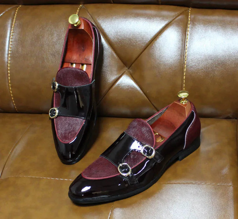 FELIX CHU Men's Patent Leather Monk Strap Dress Shoes Wedding Loafers Horse Hair Detail Casual Formal Party Gentlemen Footwear - Sun Studio