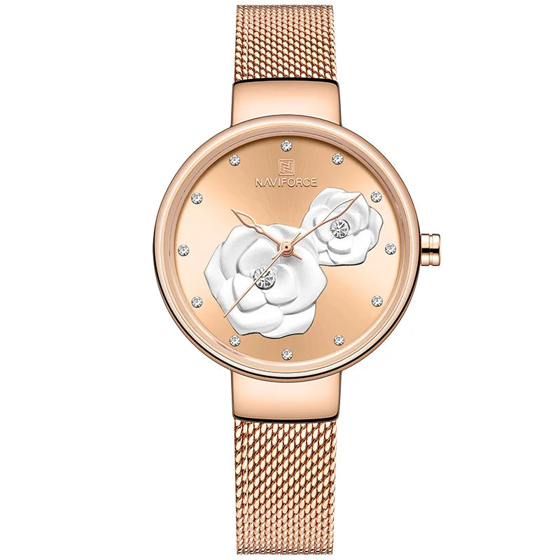 Women Watch NAVIFORCE Top Luxury Brand Steel Mesh Waterproof Ladies Watches Flower Quartz Female Wristwatch Charming Girl Clock - Sun Studio