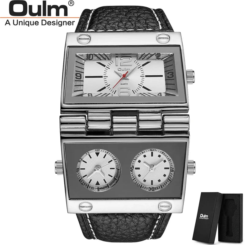 OULM 9525 Big Unique Design Male Watch Three Time Zone Unique Men's Military Watches Punk Style Leather Strap Wristwatch - Sun Studio