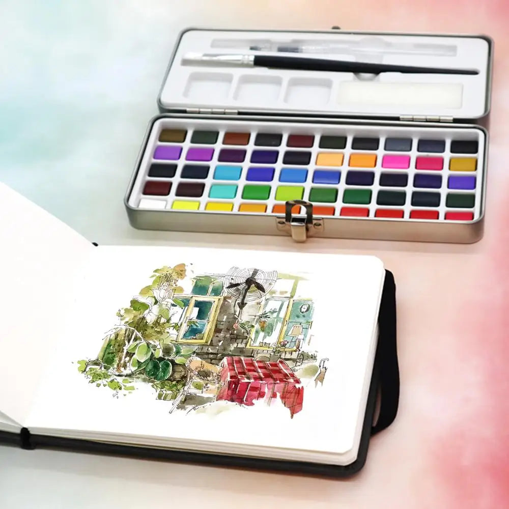 SeamiArt 50Color Solid Watercolor Paint Set Portable Metal Box Watercolor Pigment for Beginner Drawing Watercolor Paper Supplies - Sun Studio