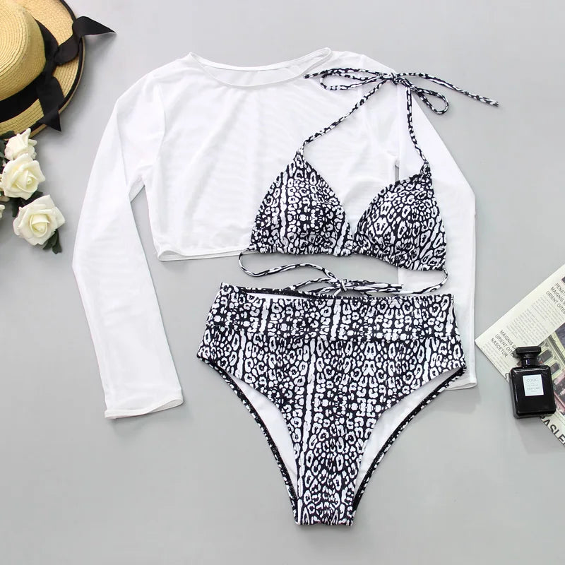 2024 Neon Yellow Crop Top Swimwear Women Summer Sexy Beachwear Mesh Long Sleeve Cover Ups Top Three Piece Swimsuit Bikini Set - Sun Studio