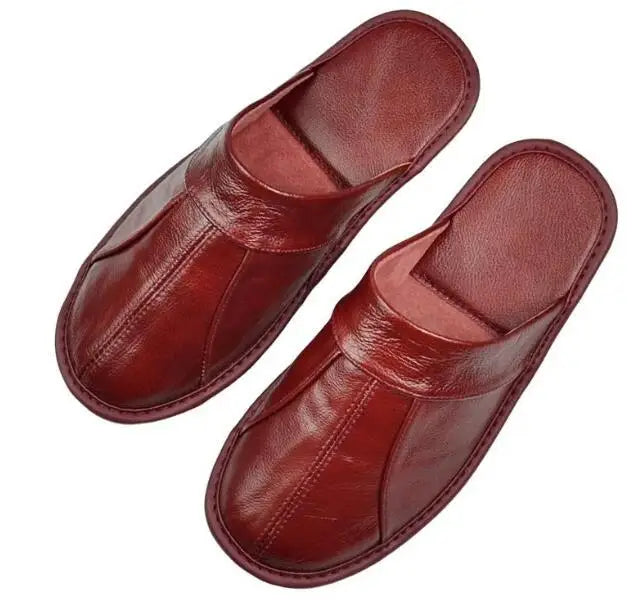 Men's Luxury Cow Split Leather Handmade Men Home Slippers Spring Slip on Soft Comfortable Black Brown Bedroom Indoor Flat Shoes - Sun Studio