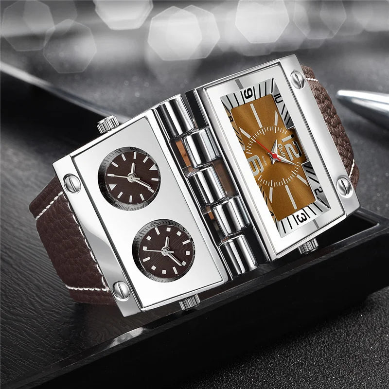 OULM 9525 Big Unique Design Male Watch Three Time Zone Unique Men's Military Watches Punk Style Leather Strap Wristwatch - Sun Studio
