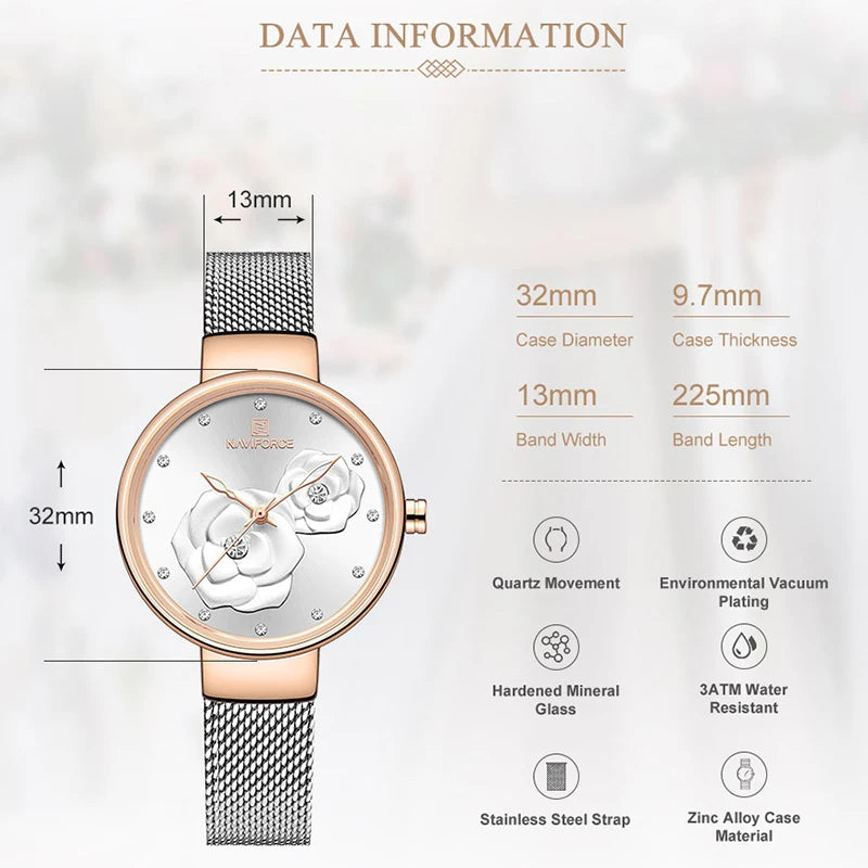 Women Watch NAVIFORCE Top Luxury Brand Steel Mesh Waterproof Ladies Watches Flower Quartz Female Wristwatch Charming Girl Clock - Sun Studio