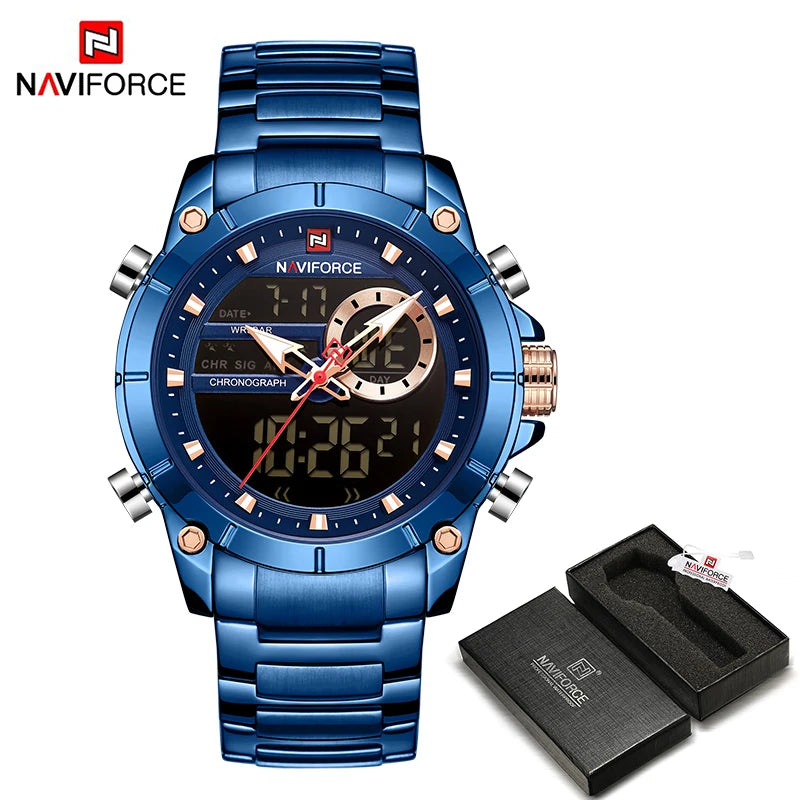 Luxury Brand NAVIFORCE Sport Watches For Men Fashion Gold Quartz WristWatch Steel Band Digital Chronograph Waterproof Clock 9163 - Sun Studio