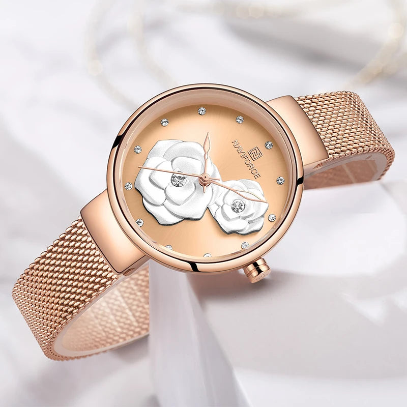 Women Watch NAVIFORCE Top Luxury Brand Steel Mesh Waterproof Ladies Watches Flower Quartz Female Wristwatch Charming Girl Clock - Sun Studio