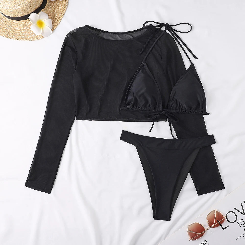 2024 Neon Yellow Crop Top Swimwear Women Summer Sexy Beachwear Mesh Long Sleeve Cover Ups Top Three Piece Swimsuit Bikini Set - Sun Studio