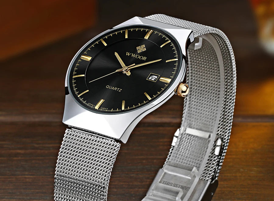 WWOOR Mens Watches Ultra-thin Quartz Auto Date WristWatch Men Top Brand Luxury Stainless Steel Business Waterproof Reloj Hombre - Sun Studio