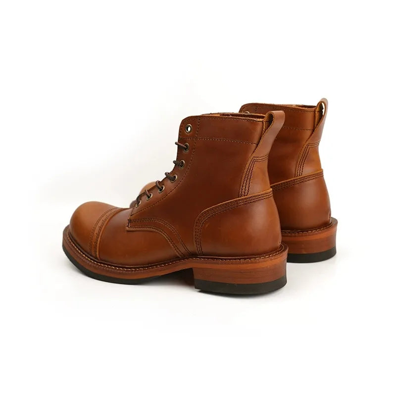 New Japanese Vintage Designer Handmade Tooling Men Casual Shoes Cow Leather Round Toe Wings Ankle Boots Motorcycle Boots Winter - Sun Studio