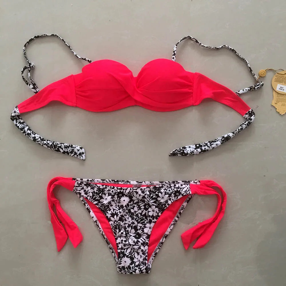 Bikini Solid Strappy Bandage Bikinis Set White Push Up Bikini Swimwear Bandeau Brazilian Swimsuit Bathing Suit Maillot De Bain - Sun Studio