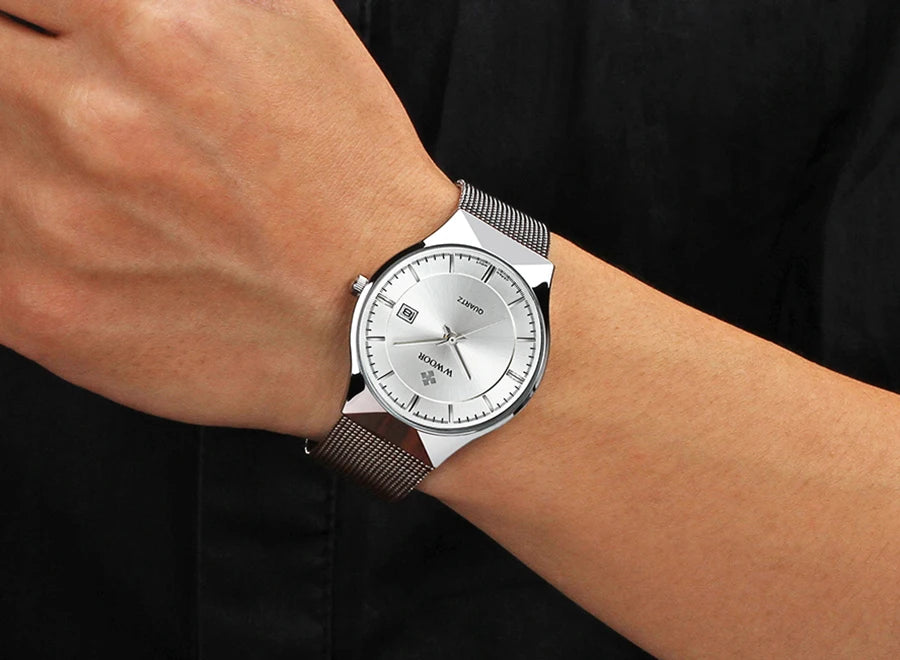 WWOOR Mens Watches Ultra-thin Quartz Auto Date WristWatch Men Top Brand Luxury Stainless Steel Business Waterproof Reloj Hombre - Sun Studio