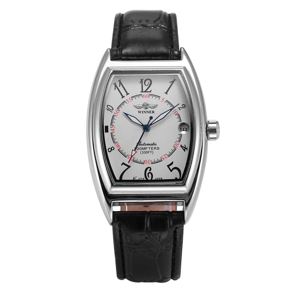 Classic Mens Watches Top Luxury Tonneau Case Automatic Wristwatches Vintage Leather Strap Auto Date Mechanical Retro Male Clock - Sun Studio