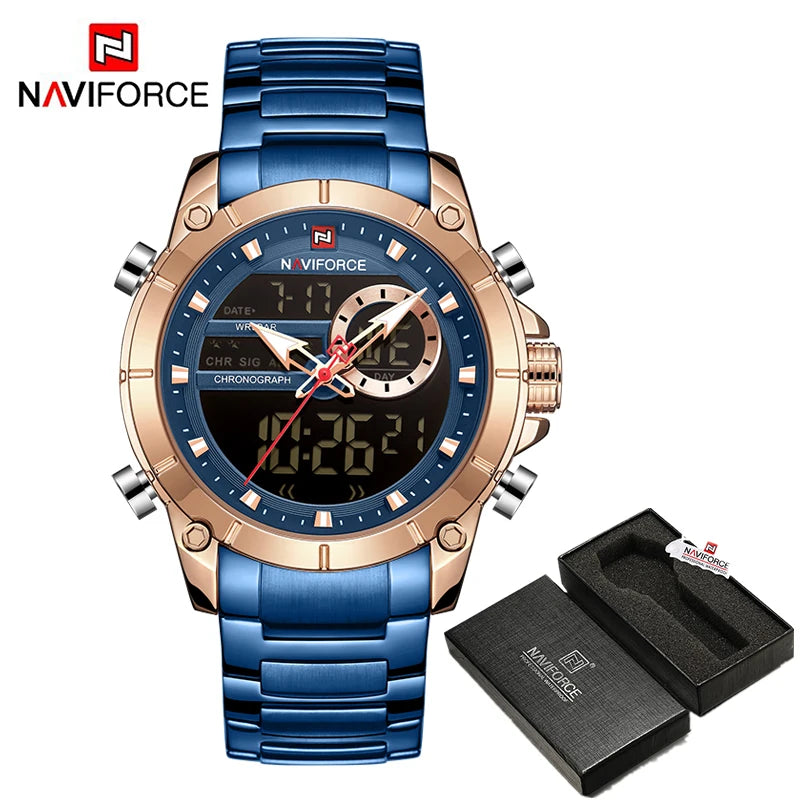Luxury Brand NAVIFORCE Sport Watches For Men Fashion Gold Quartz WristWatch Steel Band Digital Chronograph Waterproof Clock 9163 - Sun Studio