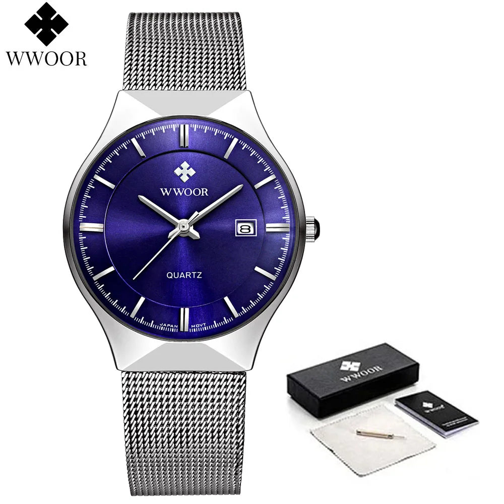 WWOOR Mens Watches Ultra-thin Quartz Auto Date WristWatch Men Top Brand Luxury Stainless Steel Business Waterproof Reloj Hombre - Sun Studio