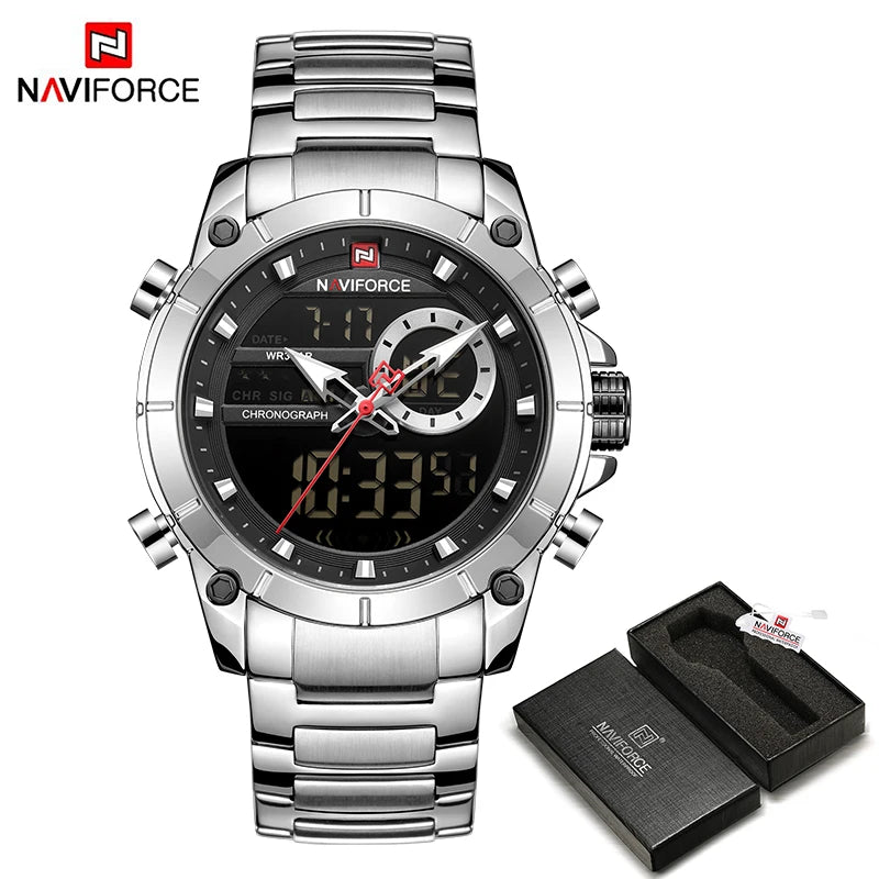 Luxury Brand NAVIFORCE Sport Watches For Men Fashion Gold Quartz WristWatch Steel Band Digital Chronograph Waterproof Clock 9163 - Sun Studio