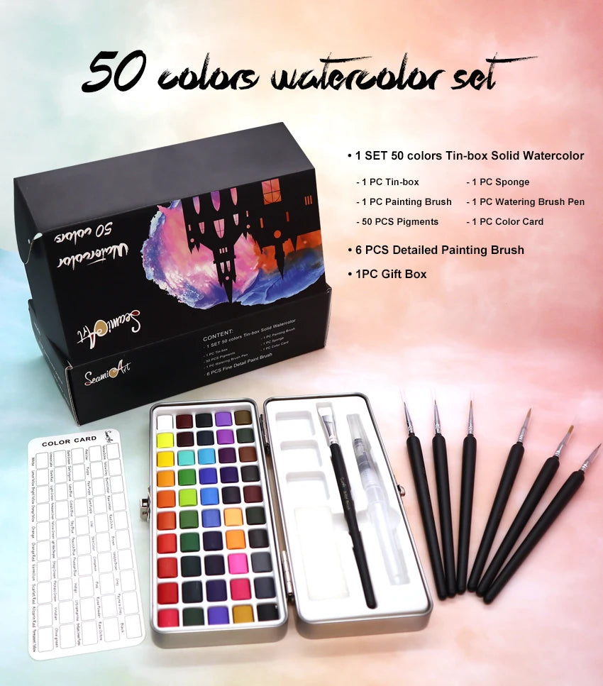 SeamiArt 50Color Solid Watercolor Paint Set Portable Metal Box Watercolor Pigment for Beginner Drawing Watercolor Paper Supplies - Sun Studio